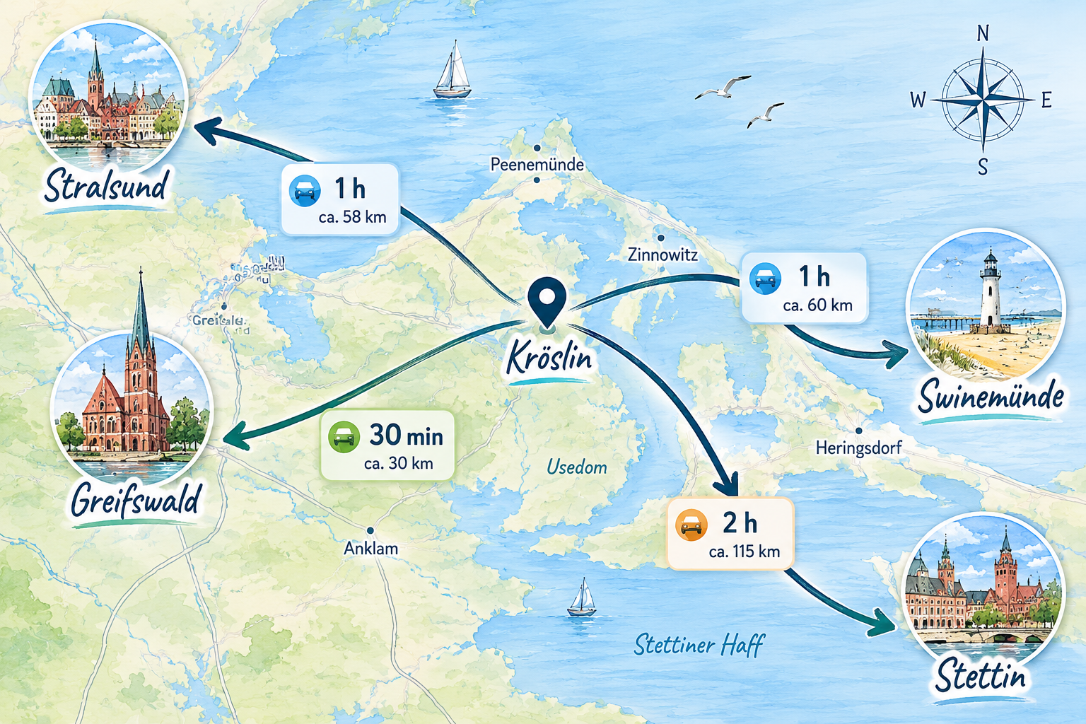 Illustrative Karte mit Kröslin als Ausgangspunkt für Ausflüge nach Stralsund, Greifswald, Swinemünde und Stettin